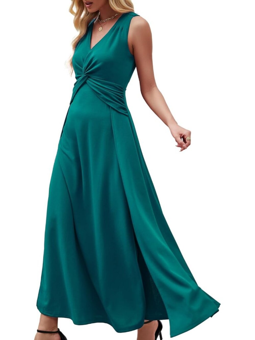 Women's Peacock Blue V Neck Sleeveless Back Zipper Formal Weddings Maxi Dresses